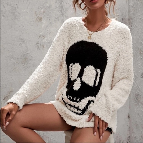 skeleton fuzzy black and white sweater size small - Picture 5 of 6